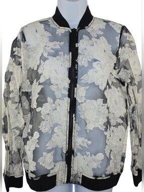 Ruff Hewn S Sheer Black Full Zip Bomber Jacket White Floral 1662-N